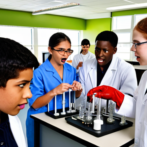 Home 4 **Image Prompt:** A diverse group of students in a modern science lab, enthusiastically participating in a nuclear energy demonstration with a knowledgeable teacher. The lab features advanced equipment and safety protocols are clearly visible. This visualizes the importance of education in schools and colleges.