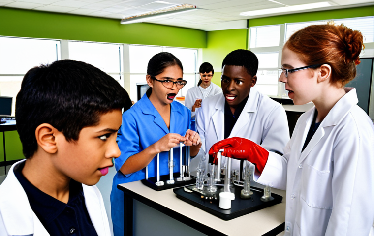 **Image Prompt:** A diverse group of students in a modern science lab, enthusiastically participating in a nuclear energy demonstration with a knowledgeable teacher. The lab features advanced equipment and safety protocols are clearly visible. This visualizes the importance of education in schools and colleges.