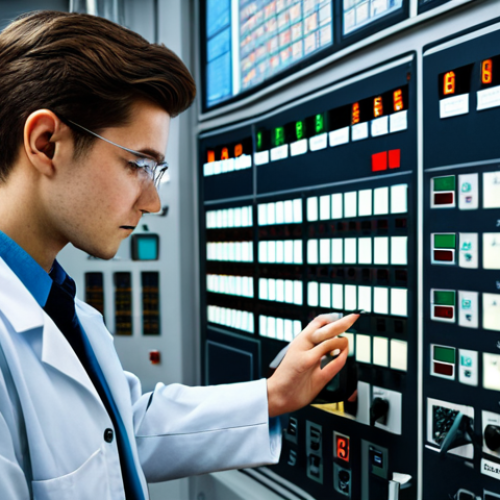 Home 14 **
"A young nuclear engineer in a fully clothed, professional lab coat, standing confidently in front of a nuclear reactor control panel, hands on controls, focused on readings, safe for work, appropriate content, perfect anatomy, well-formed hands, professional environment."
**