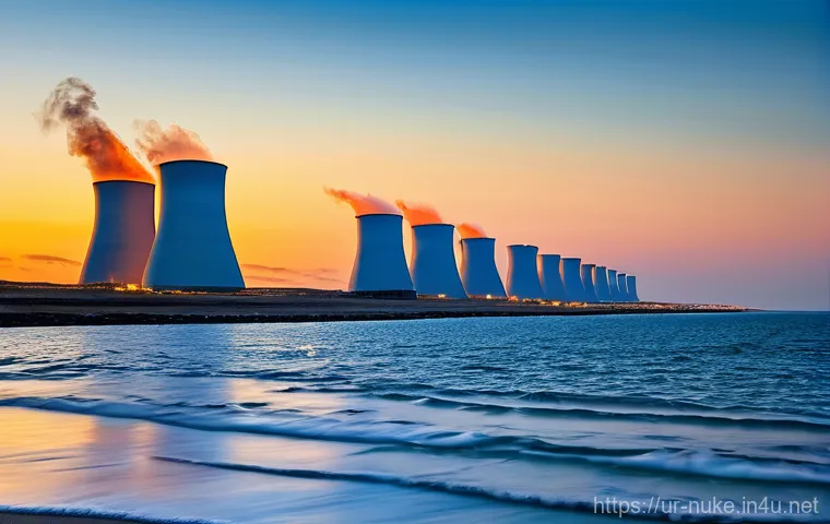 원자력 발전과 해양 생태계 연구 - **Image Prompt: Coastal Nuclear Power Plant with Advanced Cooling**
"A clean, modern nuclear pow...