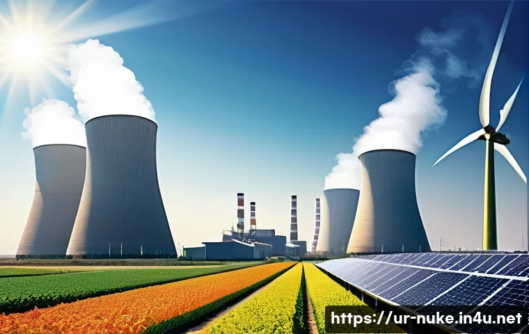 원자력 발전과 재생에너지의 협력 - A detailed, vibrant illustration showing a modern energy mix landscape in Pakistan: a nuclear power ...