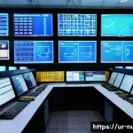 원자력 발전소의 데이터 관리 시스템 - A highly detailed control room inside a modern nuclear power plant in Pakistan, featuring advanced c...
