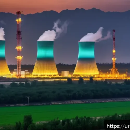 원자력 발전 관련 용어 사전 - A modern nuclear power plant in Pakistan at dusk, featuring advanced pressure water reactors with gl...