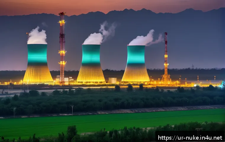 원자력 발전 관련 용어 사전 - A modern nuclear power plant in Pakistan at dusk, featuring advanced pressure water reactors with gl...