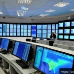 원자력 발전소 실시간 데이터 모니터링 - A highly detailed interior scene of a modern nuclear power plant control room in Pakistan, featuring...