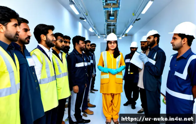 원자력 발전소 방사선 안전 수칙 - Photorealistic nuclear power plant safety briefing in Pakistan, a female radiation safety officer we...