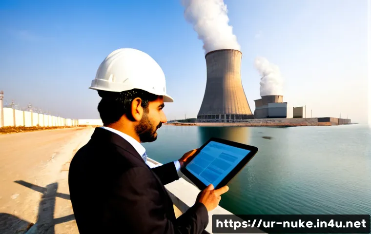 Home 17 원자력 발전소의 국제 협력 사례 - Photorealistic wide-angle view of a modern nuclear power plant beside a calm coastal shoreline, Paki...