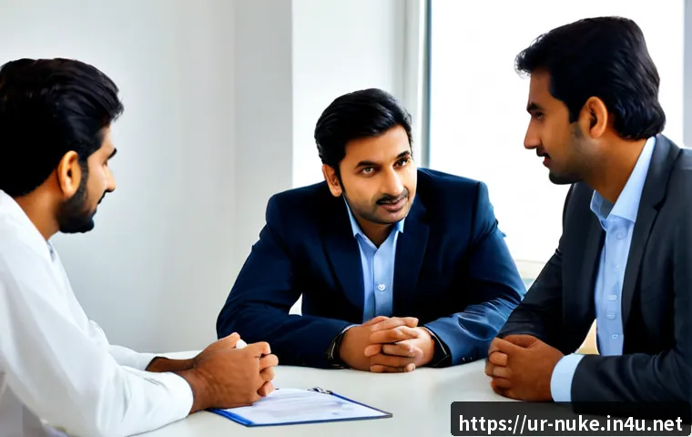 Home 17 원자력 엔지니어의 대인관계 팁 - Photorealistic nuclear engineer in modest professional attire actively listening to a colleague duri...