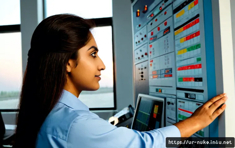 Home 17 원자력 기술자 경력 개발 계획 - Photorealistic Pakistani nuclear engineering professional in a modern power plant control room, revi...