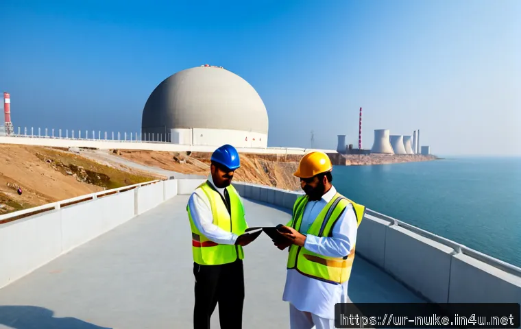 Home 17 원자력 발전소 설계 원칙과 가이드 - Photorealistic wide-angle view of a modern nuclear power plant beside a calm coastal landscape in Pa...